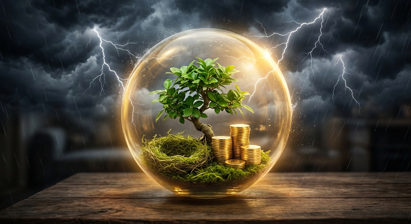 Una esfera de cristal protege una planta y monedas de una tormenta oscura exterior.