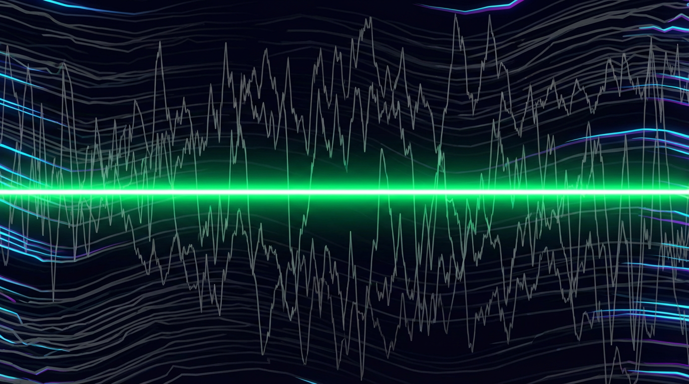 Línea verde brillante y recta atravesando un fondo de ruido estático gris.