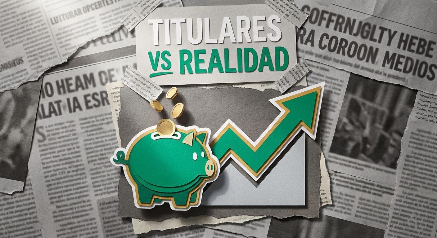 Collage de papel con fondo de periódicos grises y una alcancía colorida en primer plano.