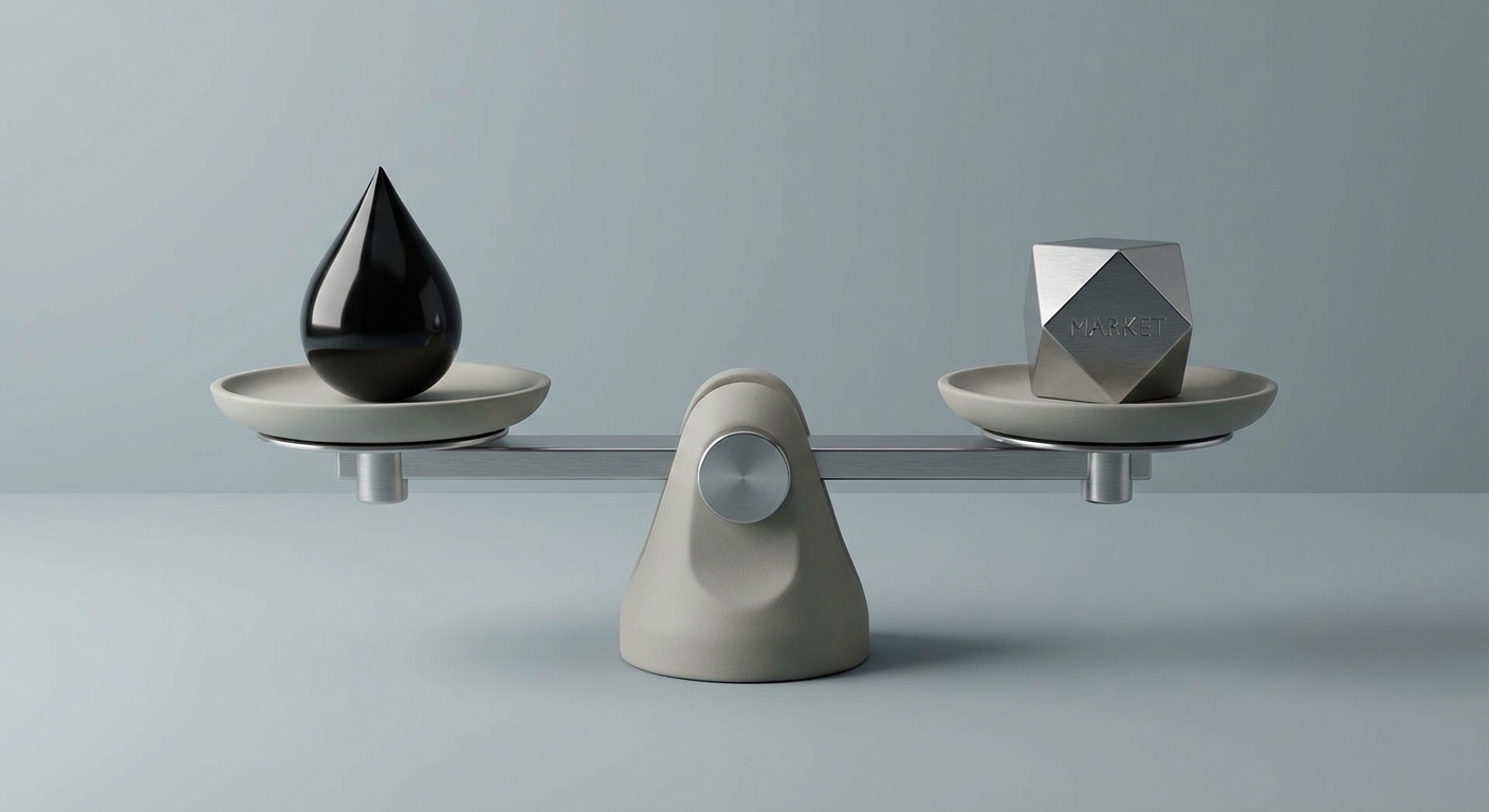 Balanza 3D minimalista mostrando equilibrio entre una gota de petróleo y el mercado.