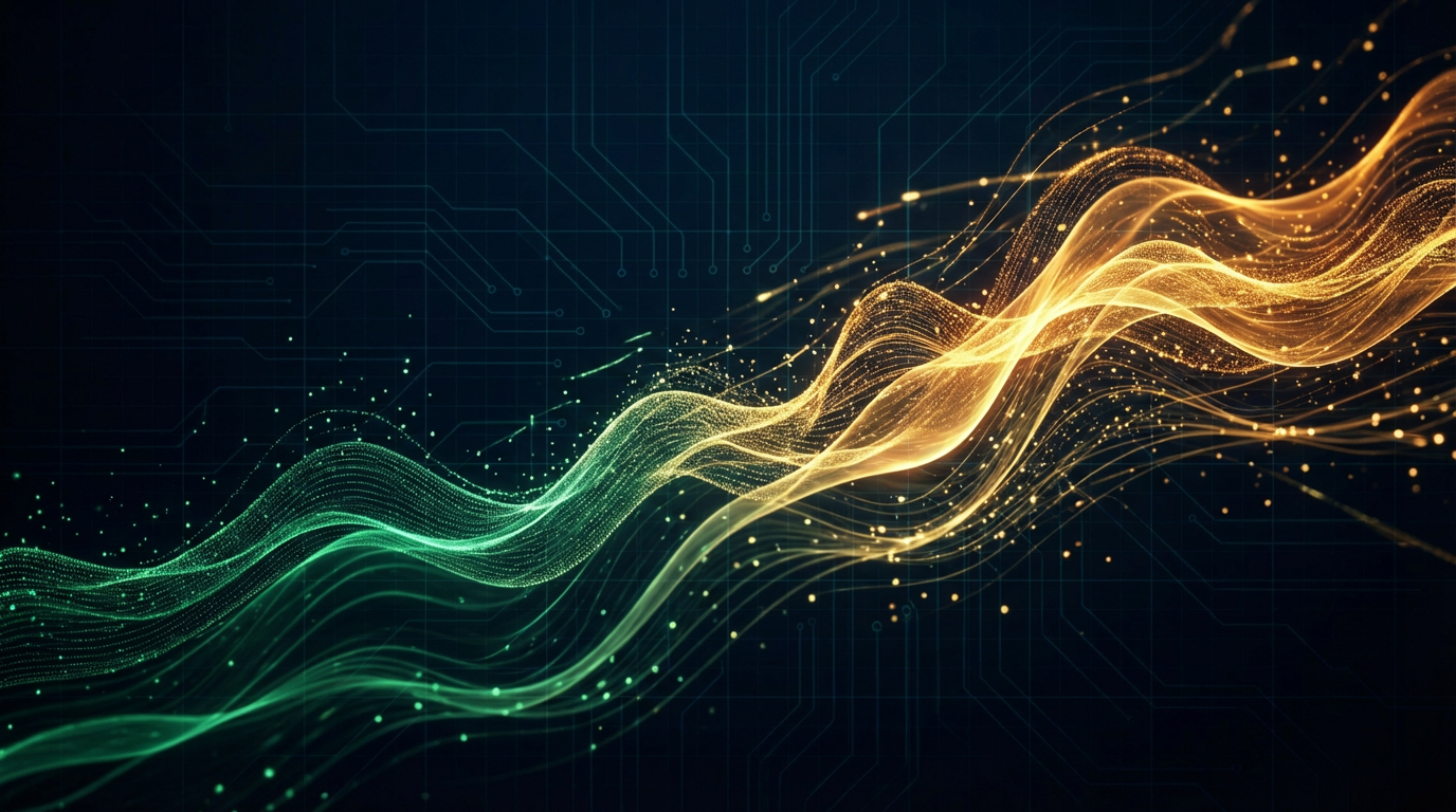 Ondas digitales abstractas ascendiendo de verde a dorado representando el alza del dólar.