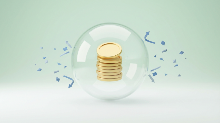 Monedas de oro estilizadas protegidas dentro de una esfera de cristal sobre fondo limpio.