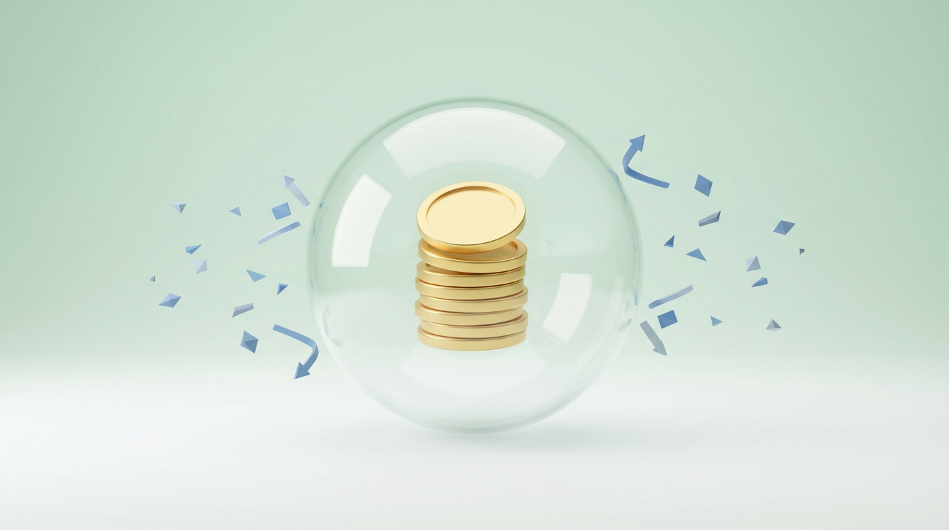 Monedas de oro estilizadas protegidas dentro de una esfera de cristal sobre fondo limpio.