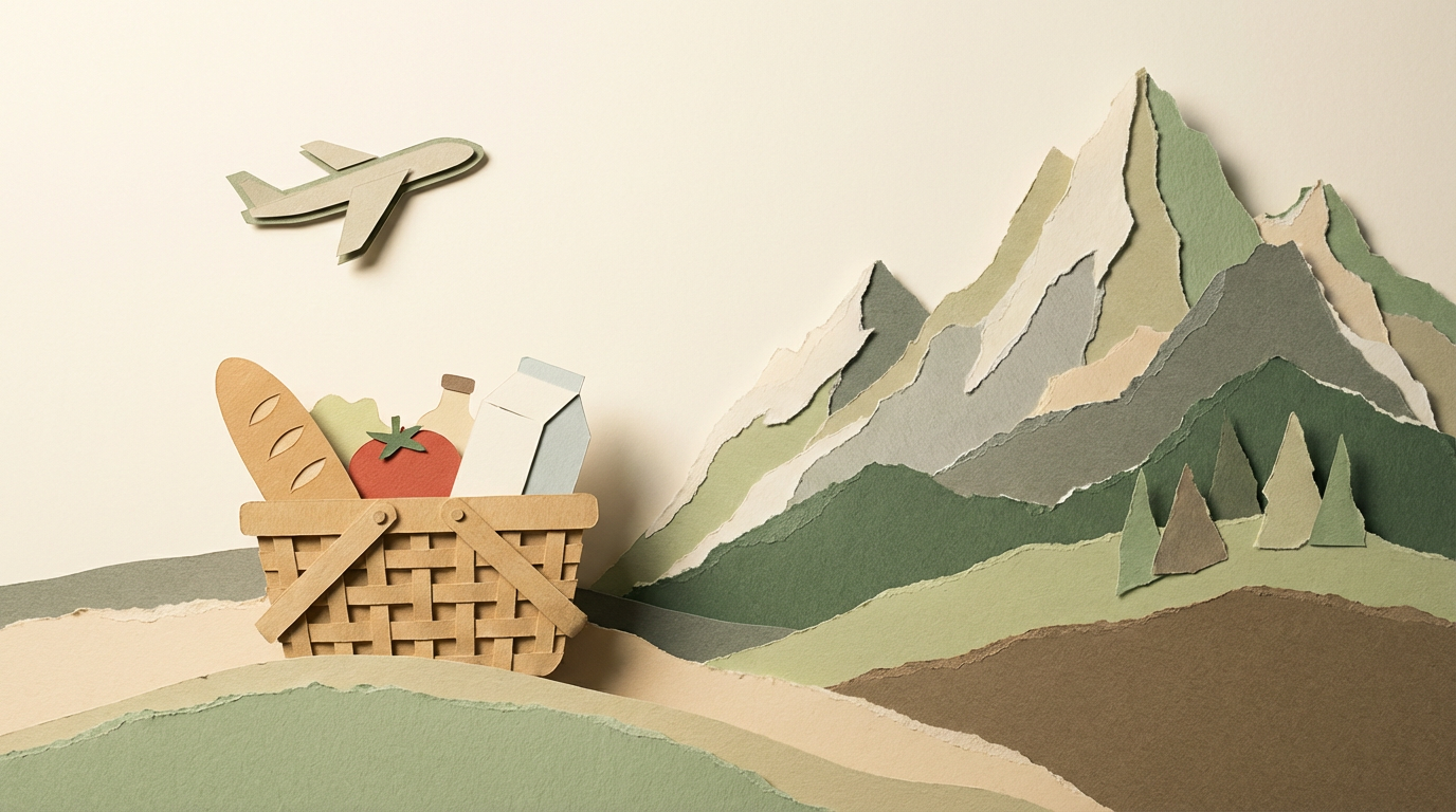 Collage estilo papel recortado mostrando una cesta de compras y un avión con fondo de montaña ascendente.