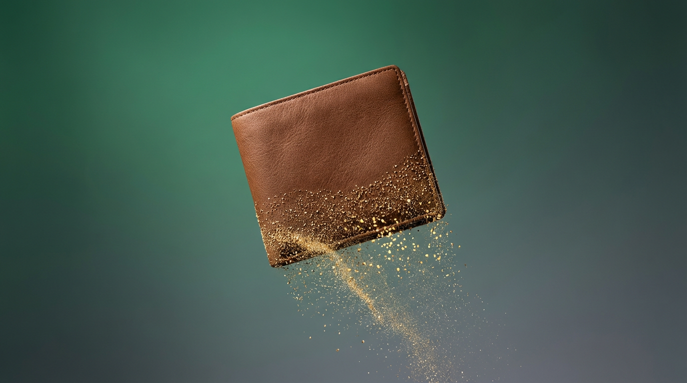 Primer plano de una billetera de cuero elegante que se desintegra en píxeles o arena por la parte inferior, simbolizando la pérdida imperceptible de dinero.