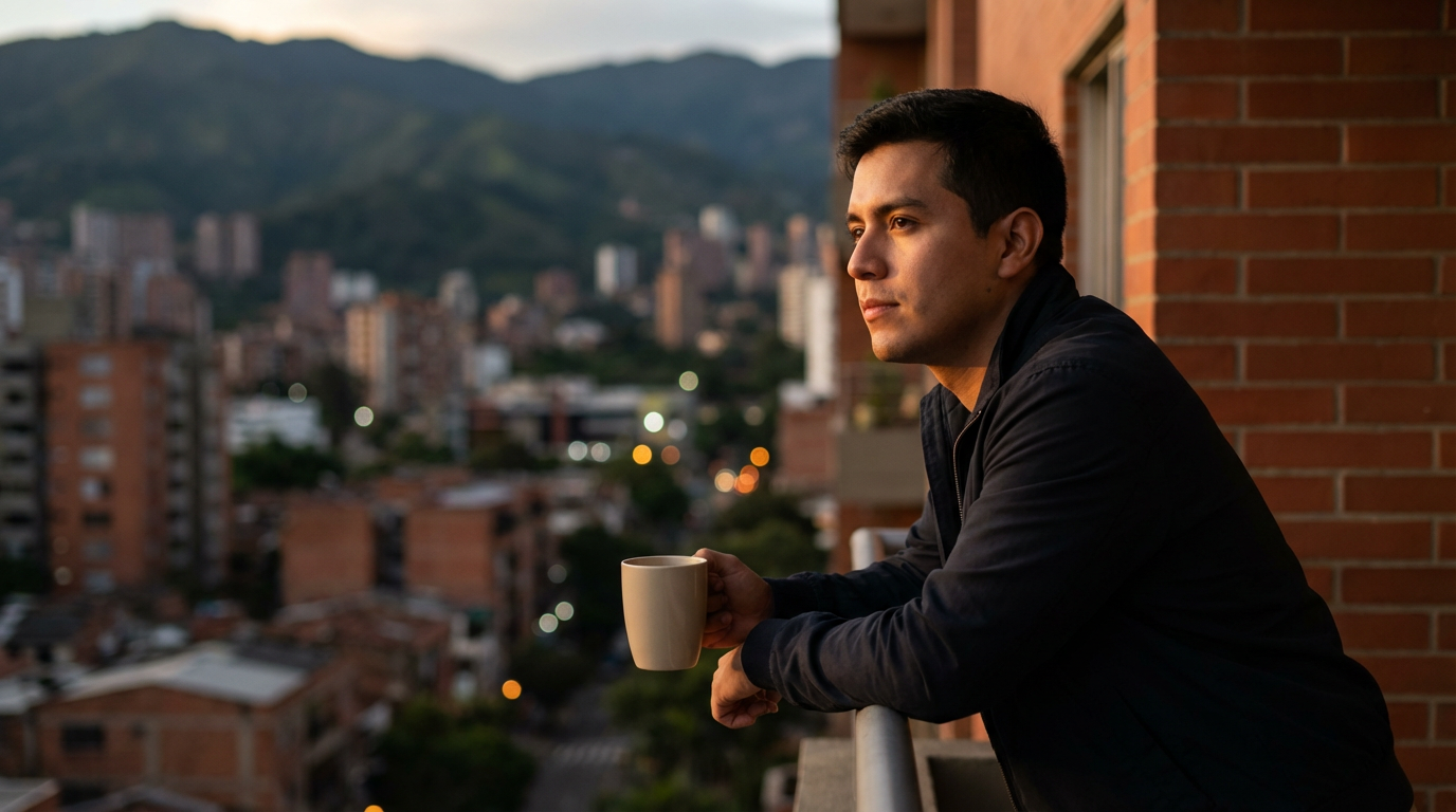 Retrato editorial de un joven profesional en un balcón de Medellín al atardecer, mirando la ciudad con expresión reflexiva.