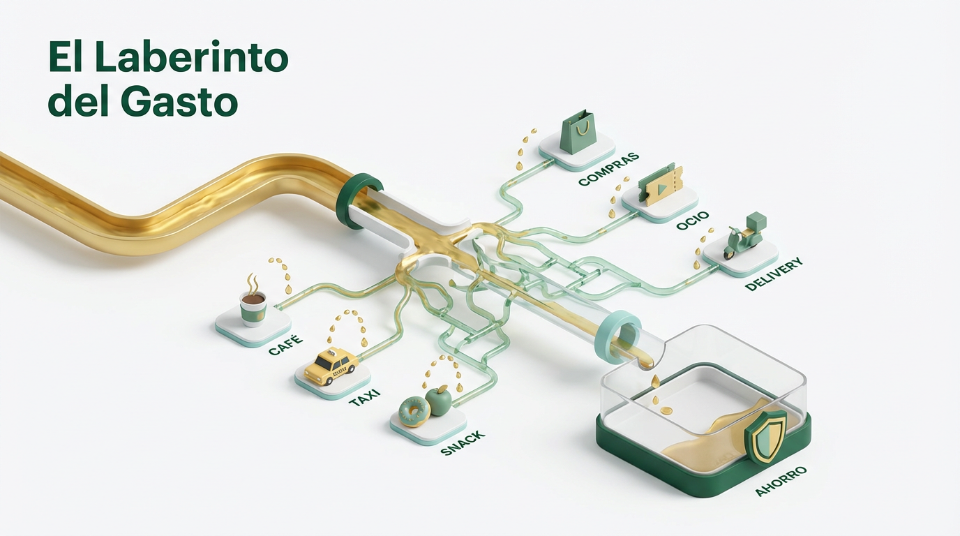 Ilustración isométrica 3D que muestra un flujo de monedas dividiéndose en múltiples caminos pequeños en lugar de llenar un tanque de ahorro.