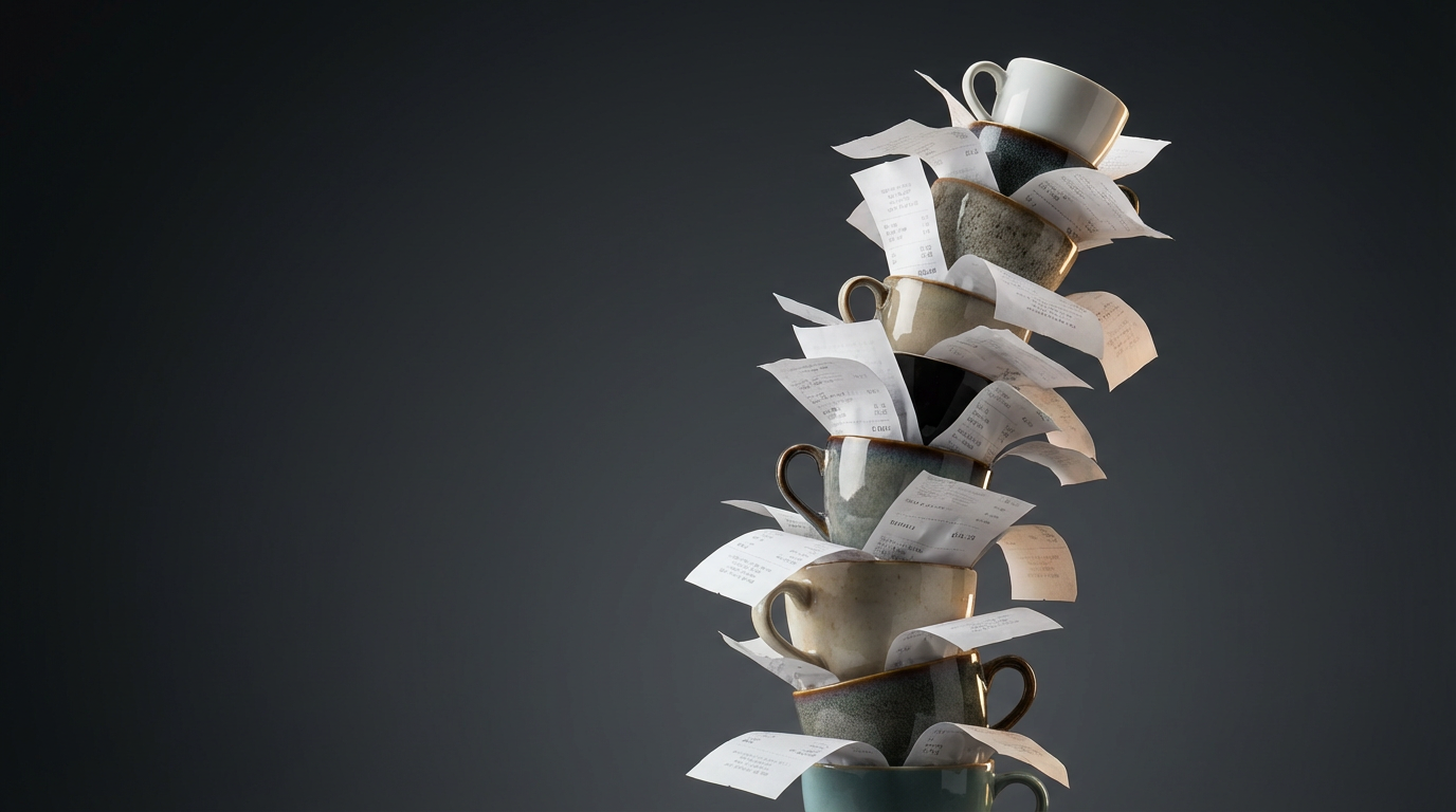 Bodegón elegante con una torre inestable de tazas de café expreso sobre una base de recibos de papel.