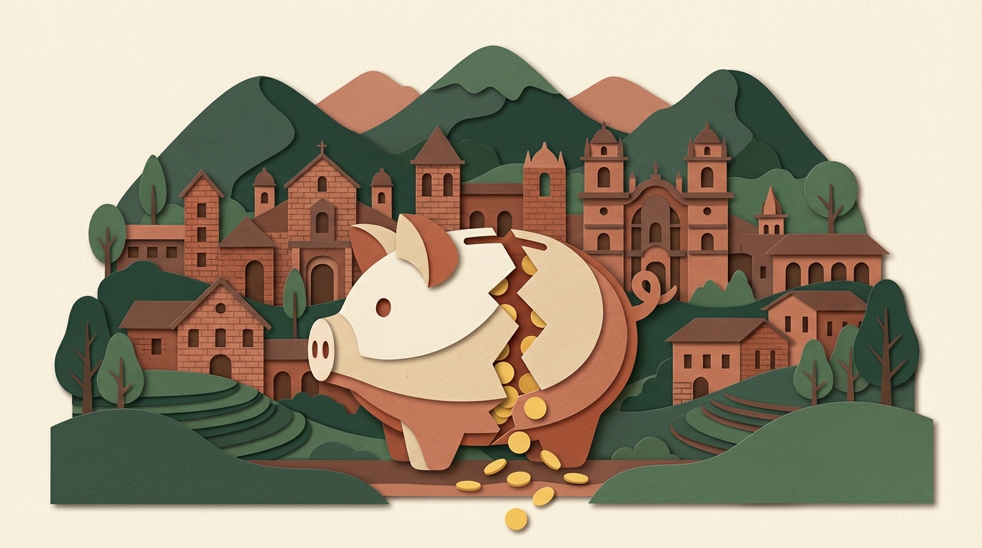 Arte en capas de papel recortado que muestra la silueta de una ciudad andina con una alcancía que tiene una grieta.