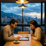 Pareja joven latinoamericana revisando finanzas en una tableta en un apartamento moderno al atardecer.