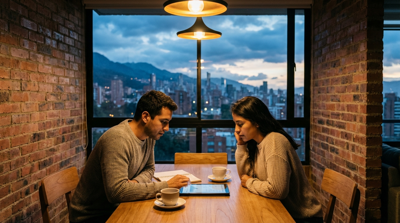 Pareja joven latinoamericana revisando finanzas en una tableta en un apartamento moderno al atardecer.