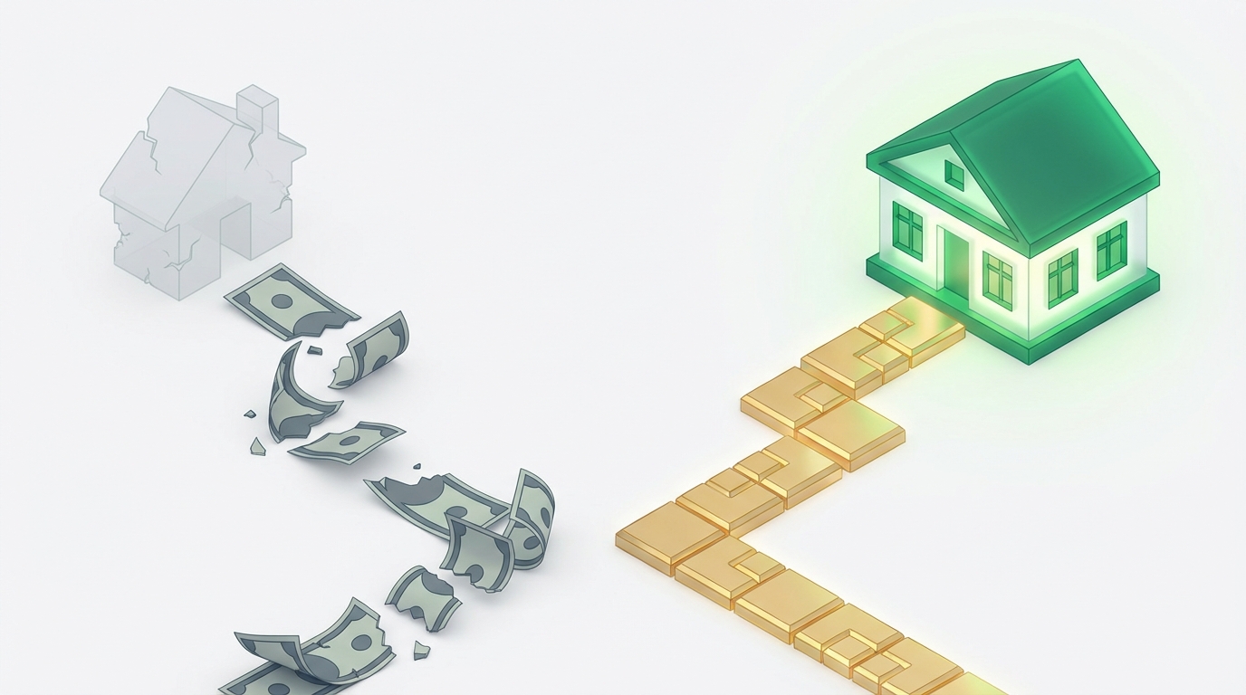 Diagrama isométrico que muestra dos caminos: uno inestable de alquiler y otro sólido de compra de vivienda.