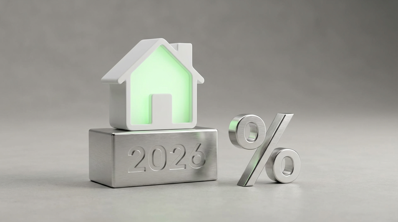 Icono 3D de una casa moderna equilibrada sobre un calendario del año 2026.