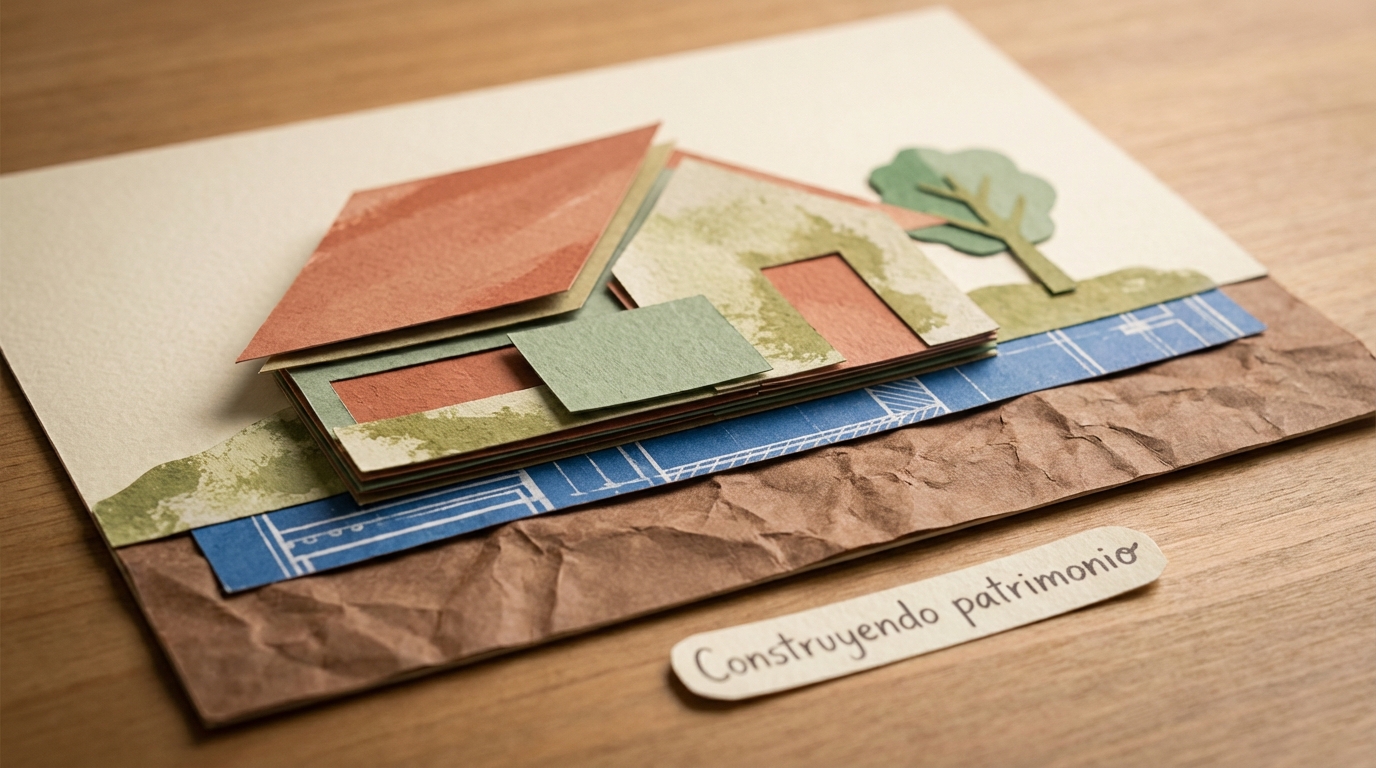Collage estilo paper-cut de una casa construyéndose capa por capa, representando la inversión en vivienda nueva.