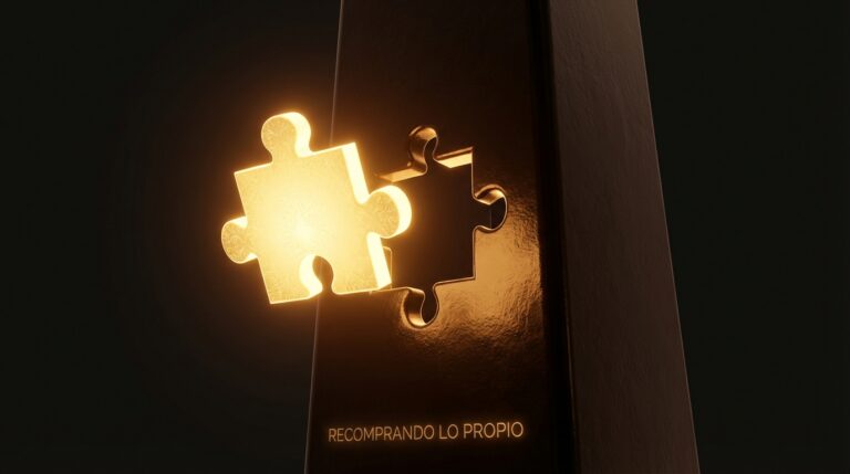 Pieza dorada de rompecabezas encajando perfectamente en una estructura sólida, metáfora de recomposición.