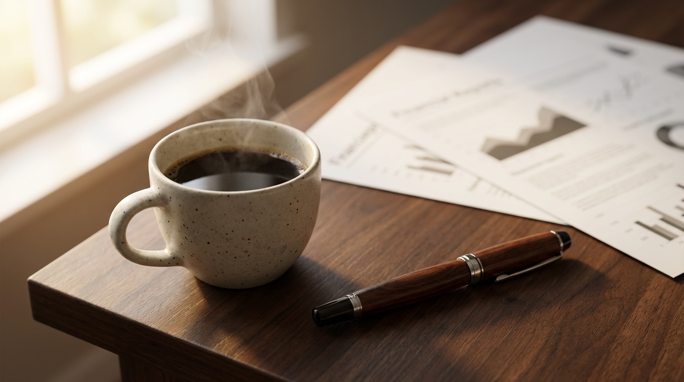 Bodegón financiero premium con café y documentos abstractos sobre un escritorio de madera.
