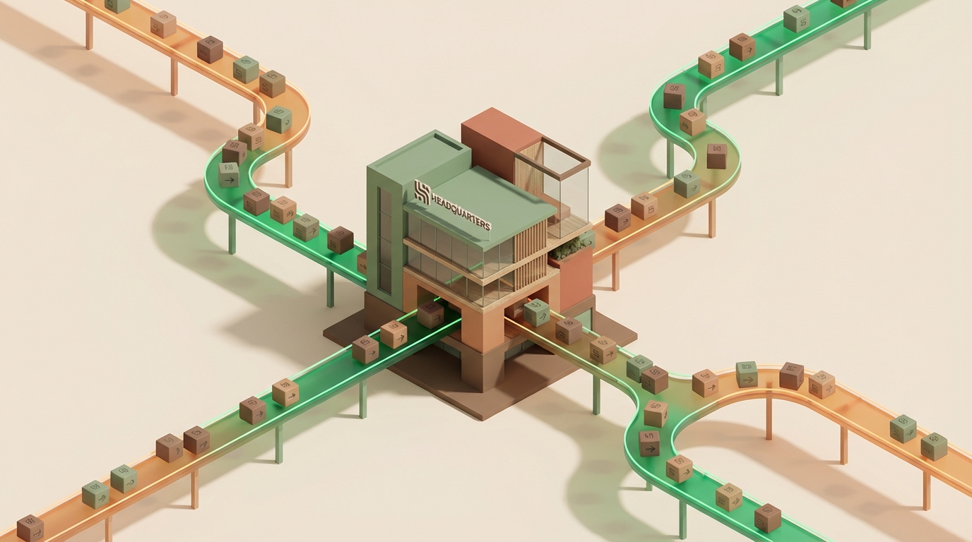 Diagrama isométrico que muestra el flujo de acciones regresando a la empresa central.