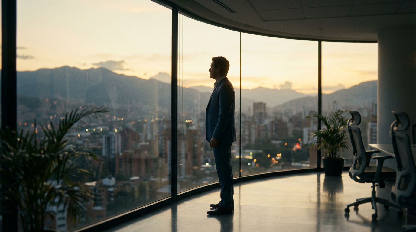 Ejecutivo en silueta mirando una ciudad latinoamericana al atardecer, transmitiendo tranquilidad.