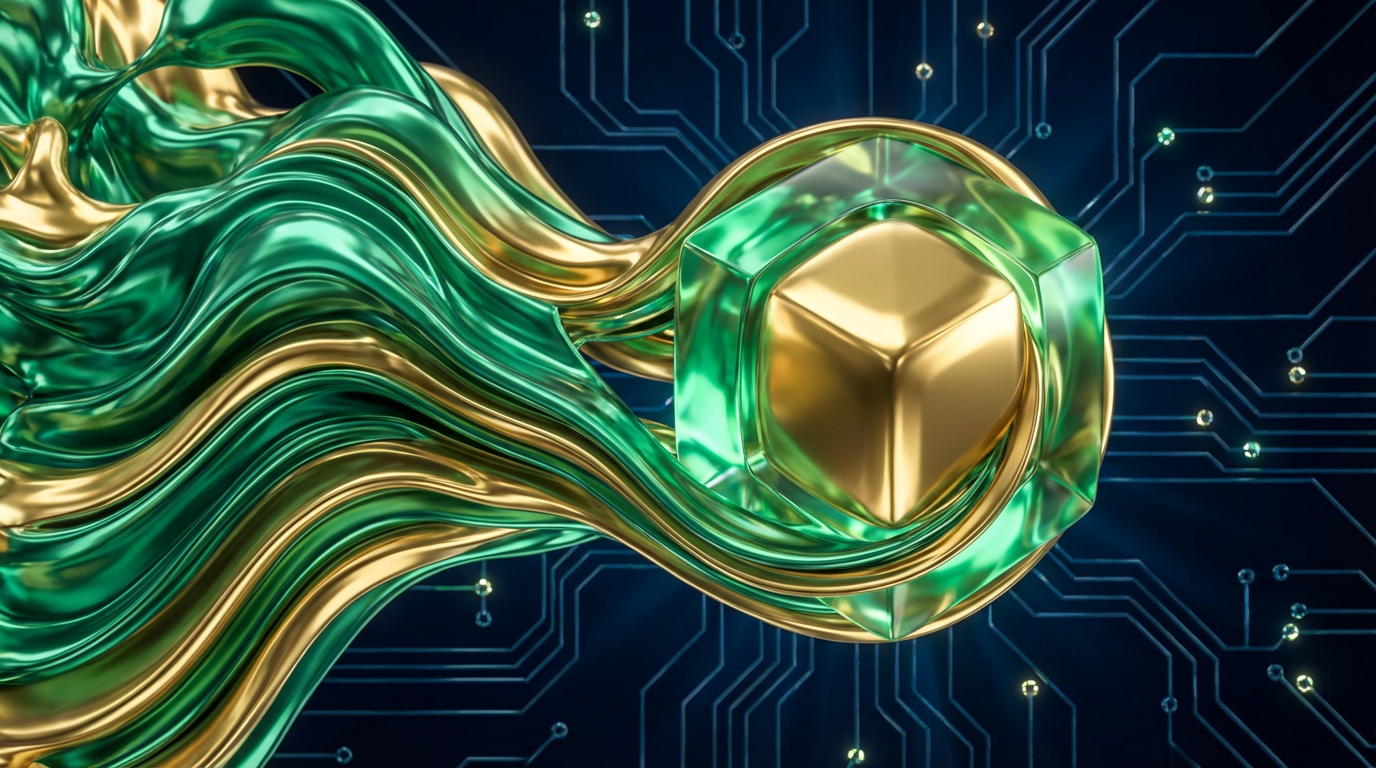 Esferas abstractas doradas y verdes organizándose en una forma sólida y estable.