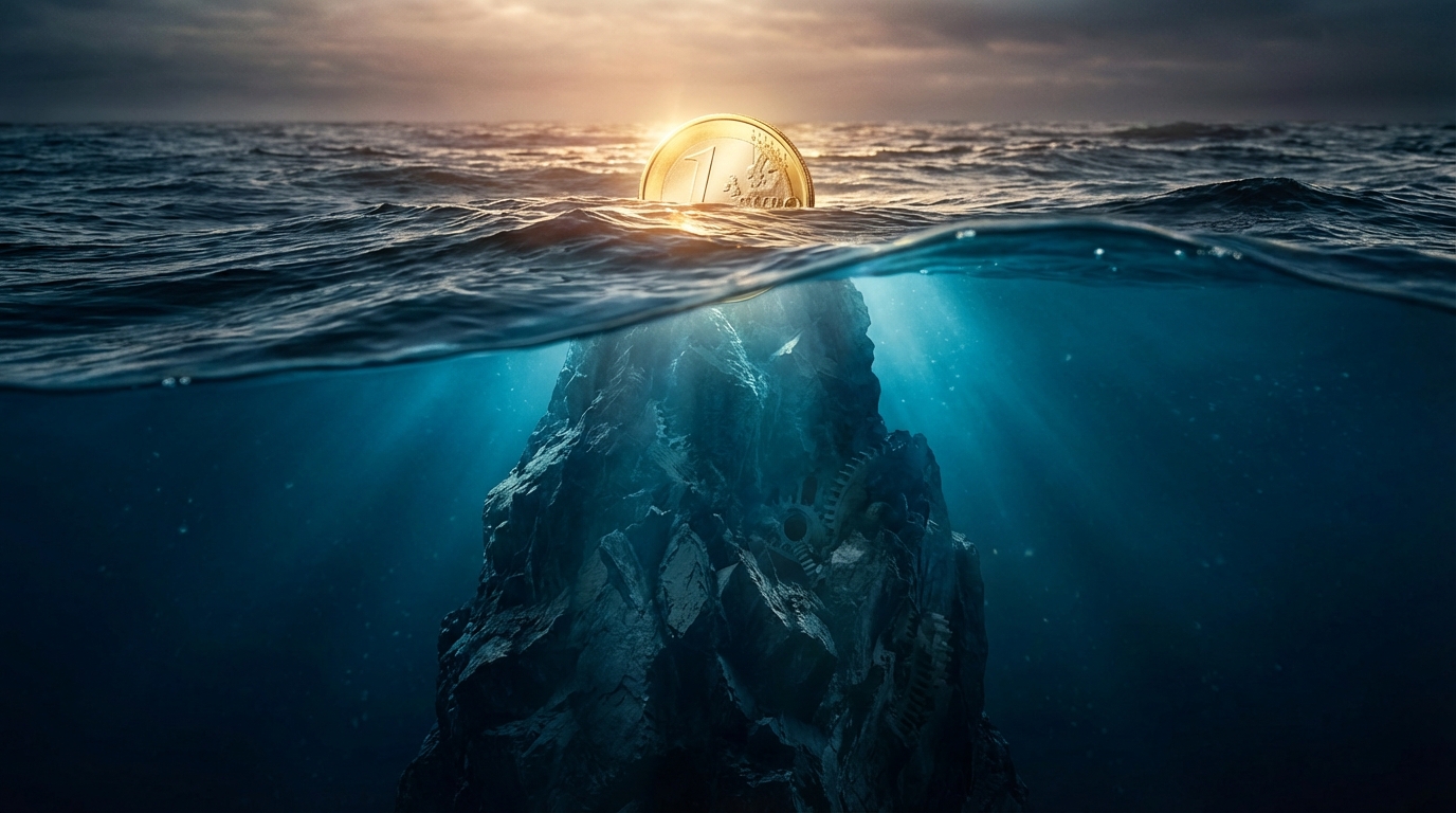Ilustración surrealista de un iceberg donde la punta es una moneda dorada y la base sumergida es una roca oscura gigante.