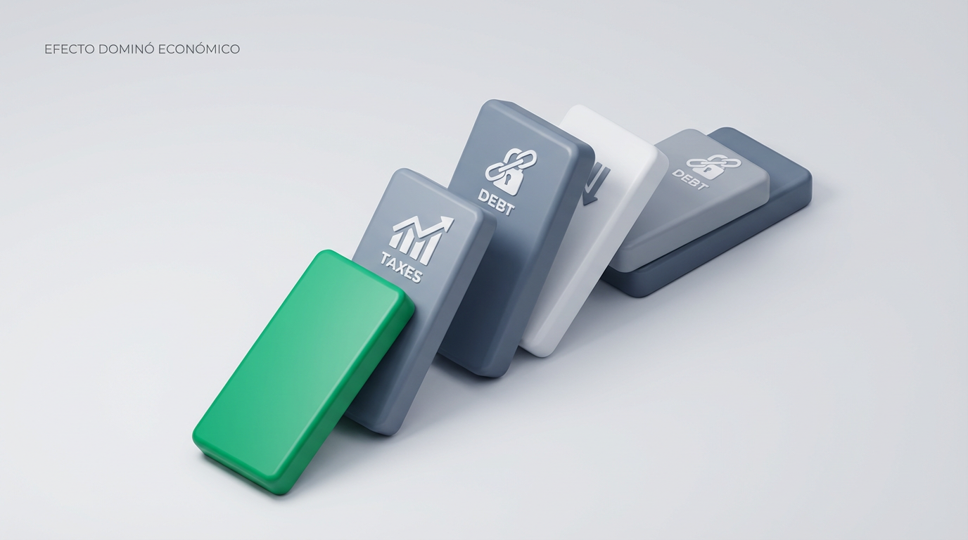 Diagrama isométrico de fichas de dominó cayendo sobre una estructura financiera.