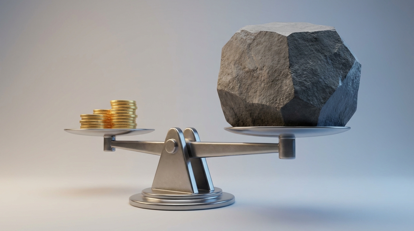 Balanza 3D minimalista inclinada por una pesa oscura gigante frente a monedas pequeñas.