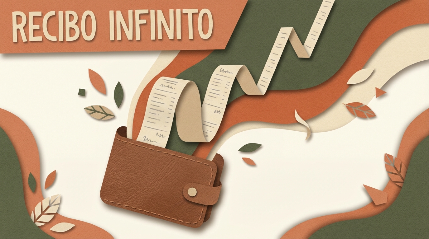 Collage estilo papel de una billetera abierta de la que sale un recibo largo que se convierte en gráfico de subida.