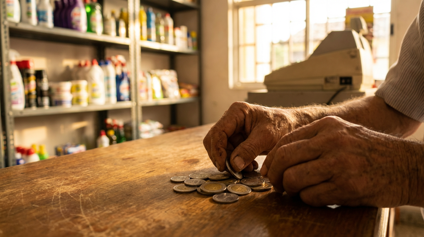 Fotografía cinematográfica de manos contando monedas en un mostrador de tienda de barrio en Colombia.