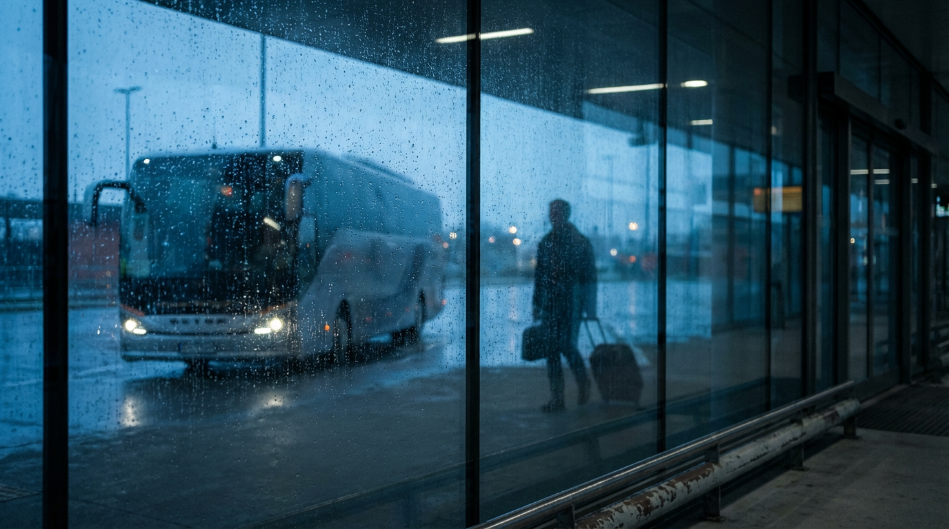 Fotografía cinemática desde el interior de una terminal de transporte moderna mirando hacia un autobús bajo la lluvia.