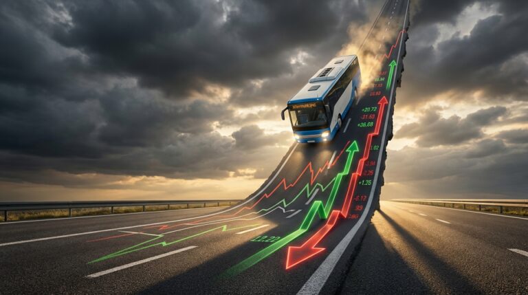 Arte surrealista donde una carretera se convierte en una gráfica financiera en ascenso empinado con un autobús subiendo.