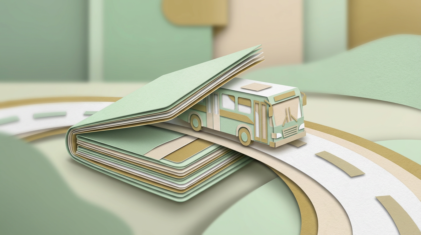 Ilustración estilo paper-cut de una billetera abierta y un autobús, con capas de papel verde y beige.