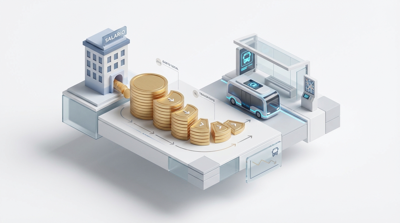 Diagrama isométrico 3D que muestra el flujo de dinero desde un edificio de salario hacia una estación de bus.