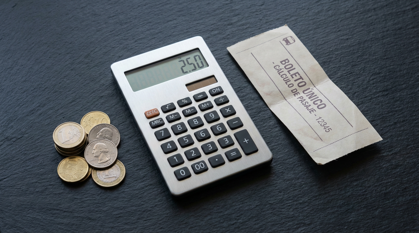 Bodegón premium con una calculadora, monedas y un boleto de bus genérico sobre una mesa oscura.