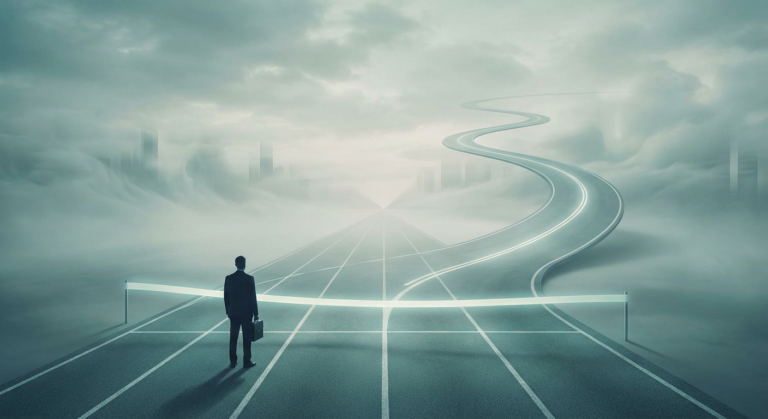 Pista de atletismo donde la meta se transforma en un camino infinito que se aleja hacia el horizonte.