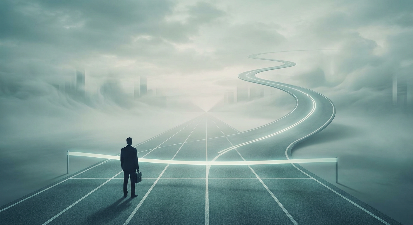 Pista de atletismo donde la meta se transforma en un camino infinito que se aleja hacia el horizonte.