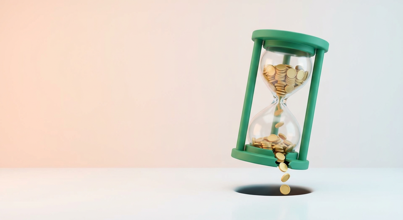 Reloj de arena 3D con monedas de oro cayendo al vacío, simbolizando la pérdida de tiempo pensional.