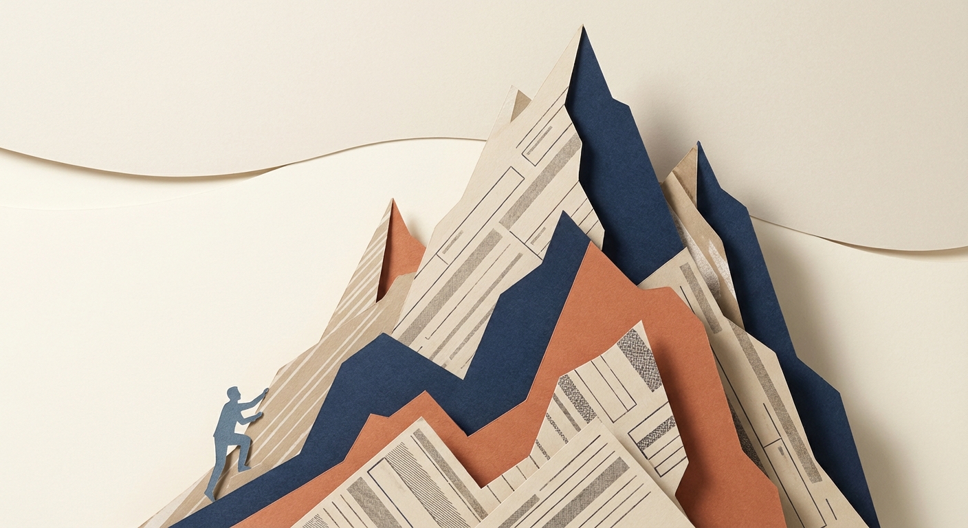 Montaña hecha de capas de documentos de papel que una figura intenta escalar.