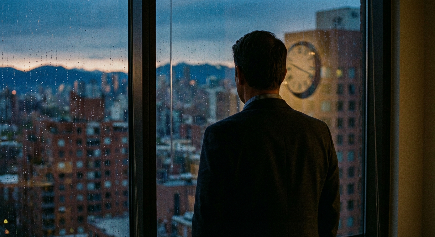 Persona mirando por una ventana hacia una ciudad al atardecer, con un reflejo sutil de un reloj.