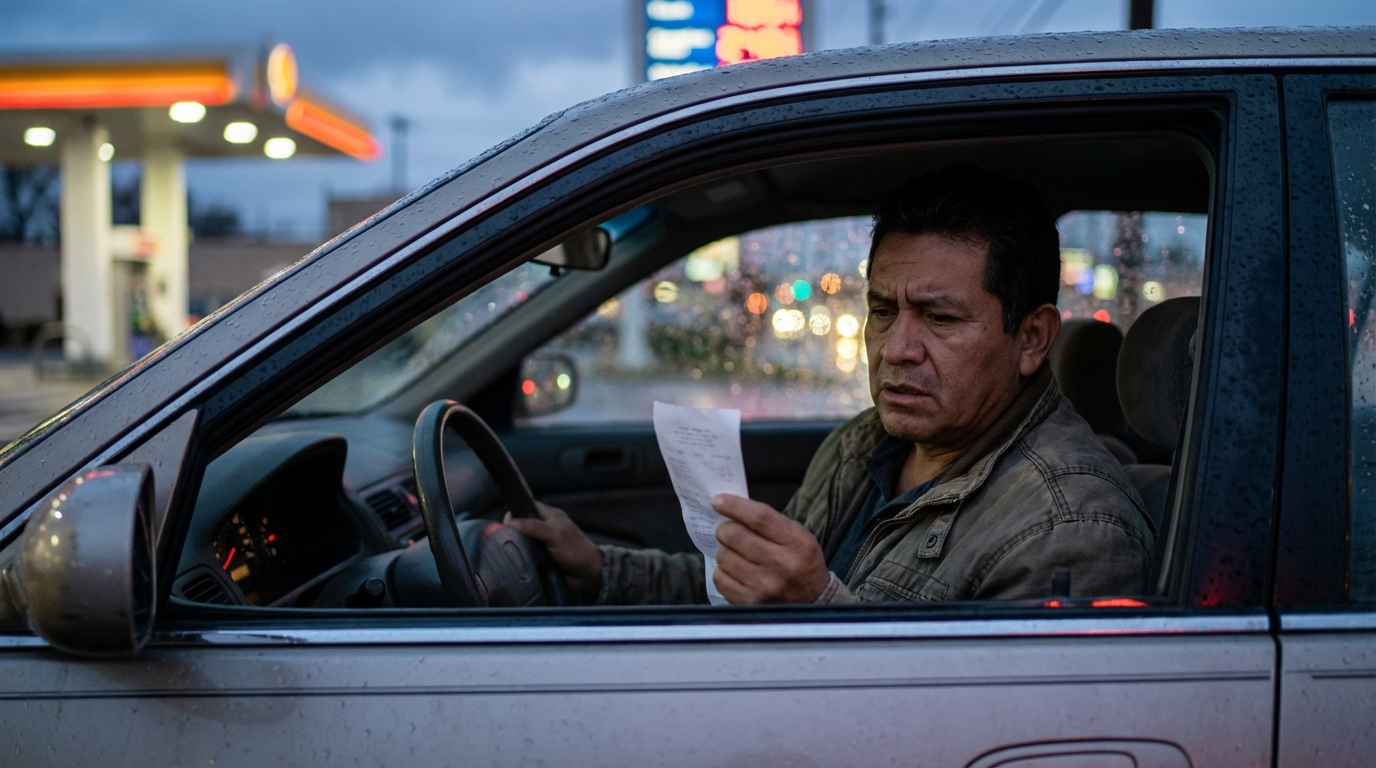 Hombre latino en su auto revisando un recibo con preocupación bajo la lluvia.