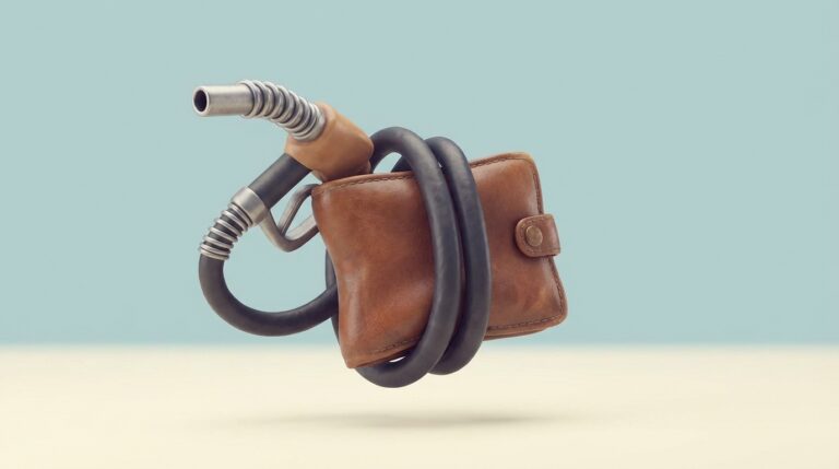 Manguera de gasolina exprimiendo una billetera en estilo surrealista 3D.