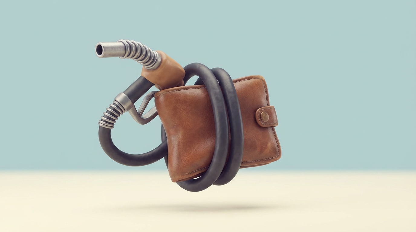 Manguera de gasolina exprimiendo una billetera en estilo surrealista 3D.