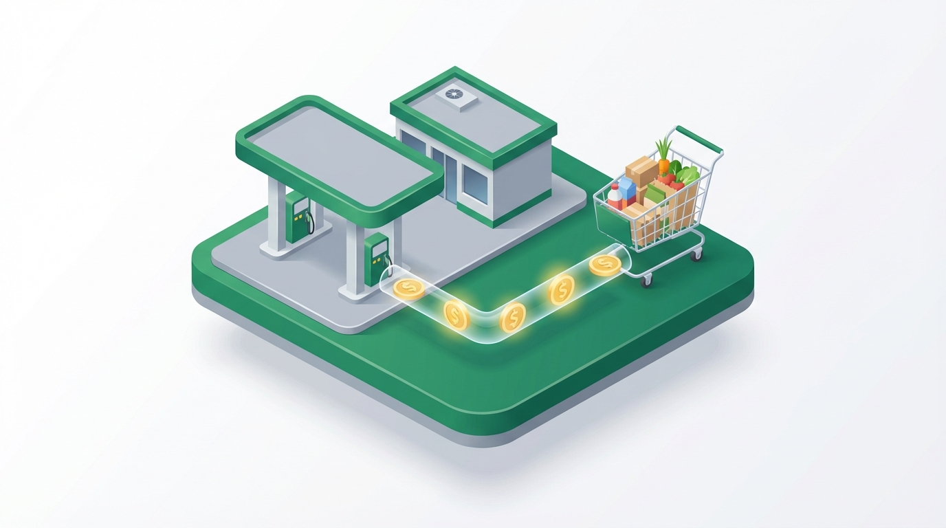 Diagrama isométrico que conecta una estación de gasolina con un carrito de mercado.