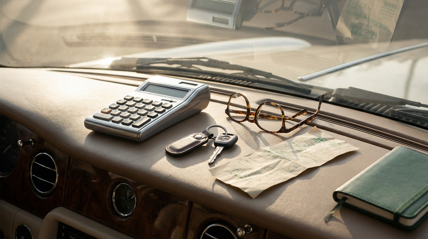 Bodegón en el tablero de un auto con llaves, calculadora y gafas.