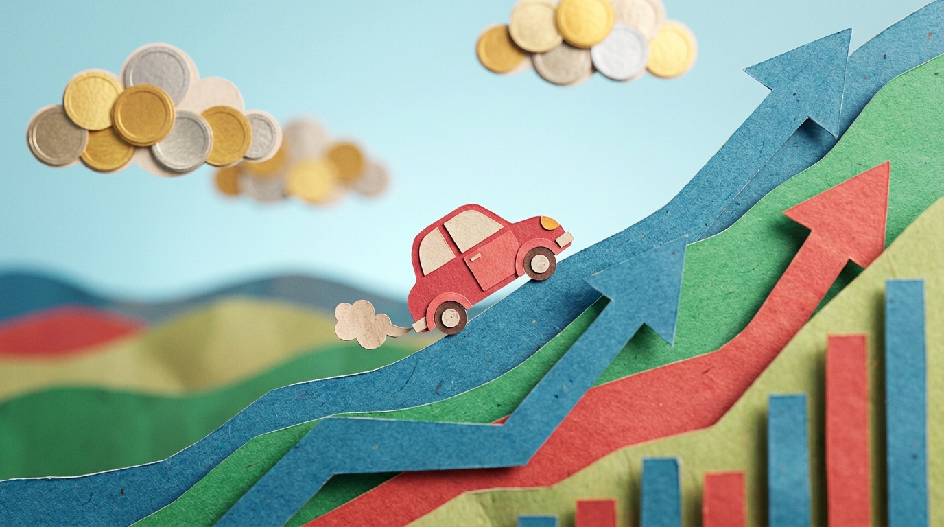 Collage de papel mostrando un auto subiendo una cuesta empinada hecha de gráficos.