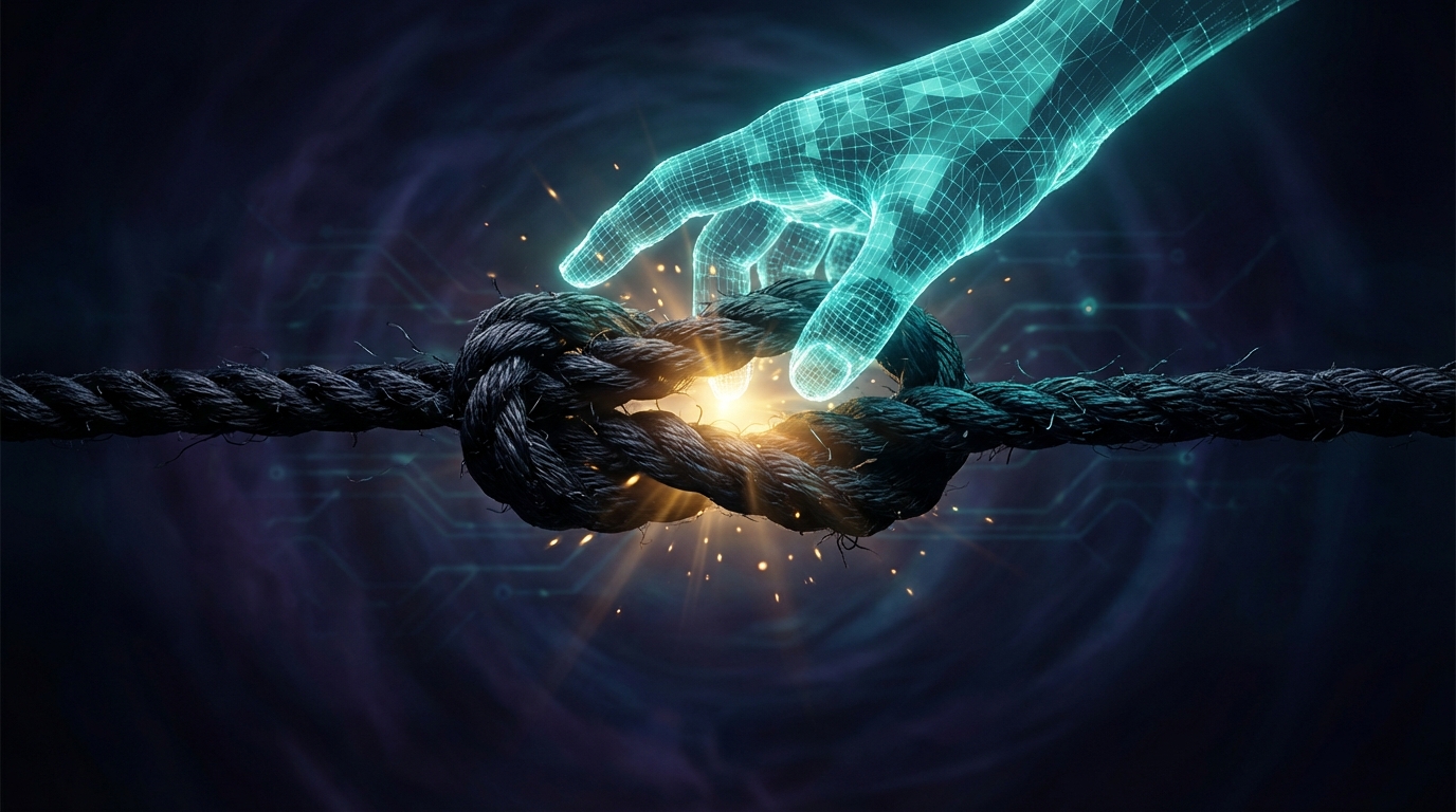 Una mano digital brillante desatando un nudo oscuro y complejo, simbolizando la liberación de deudas informales.