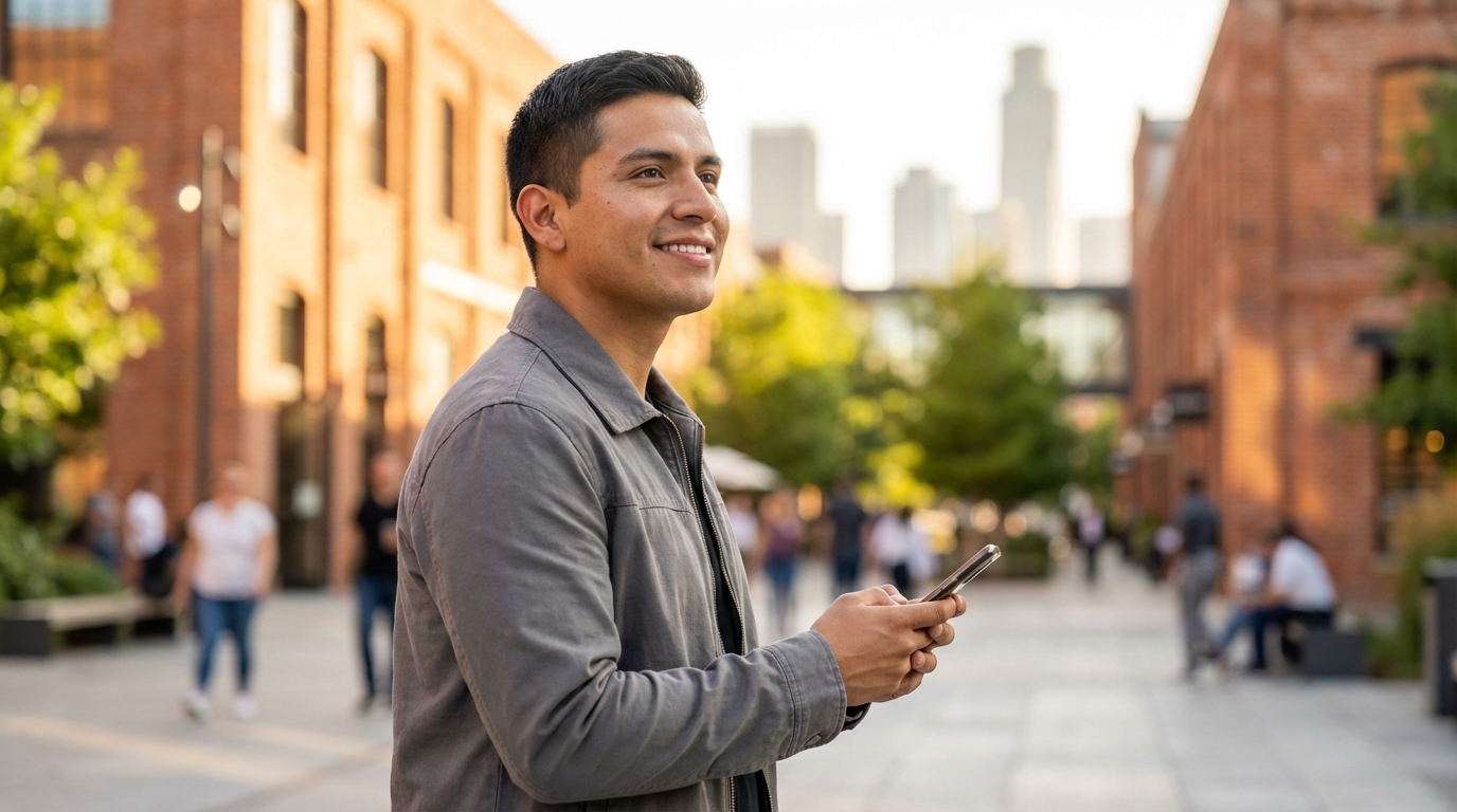 Retrato de un joven emprendedor latino sonriendo con confianza en un entorno urbano moderno.