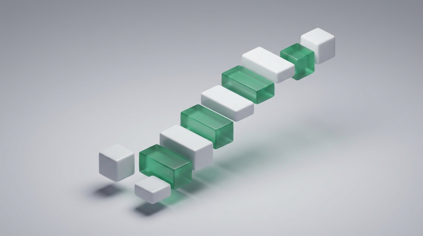 Composición 3D minimalista de bloques construyendo un puente sólido y ascendente.