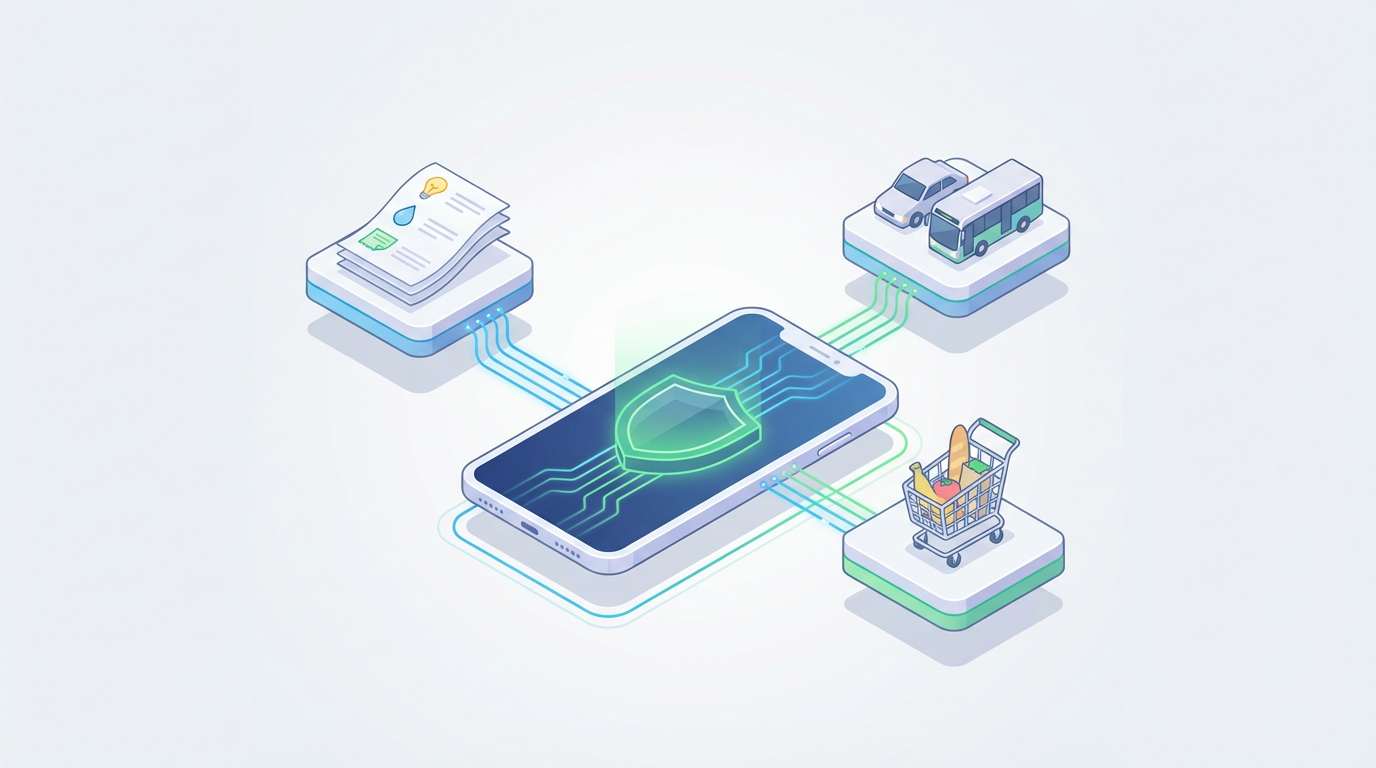 Diagrama isométrico que muestra datos cotidianos transformándose en una aprobación de crédito verde.