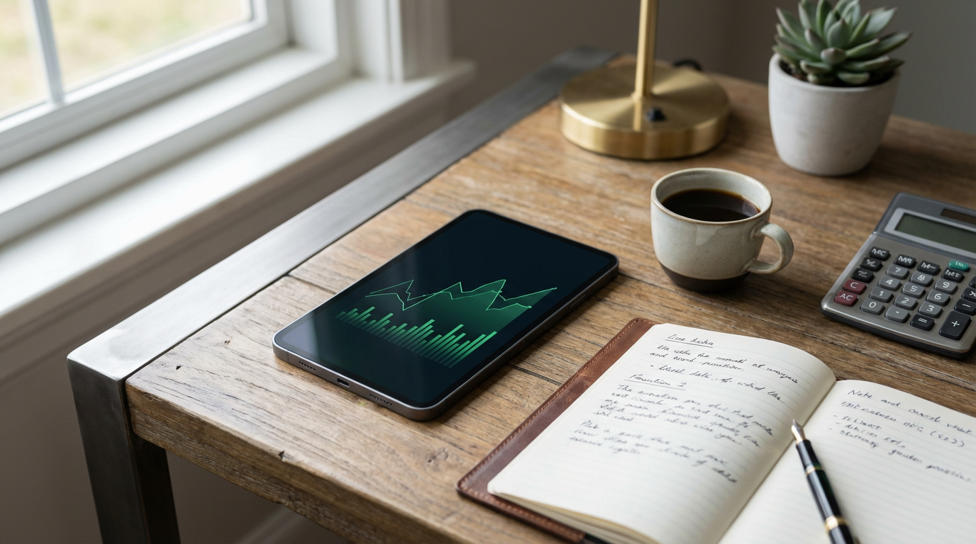 Escena de escritorio ordenado con celular y café, evocando organización financiera personal.