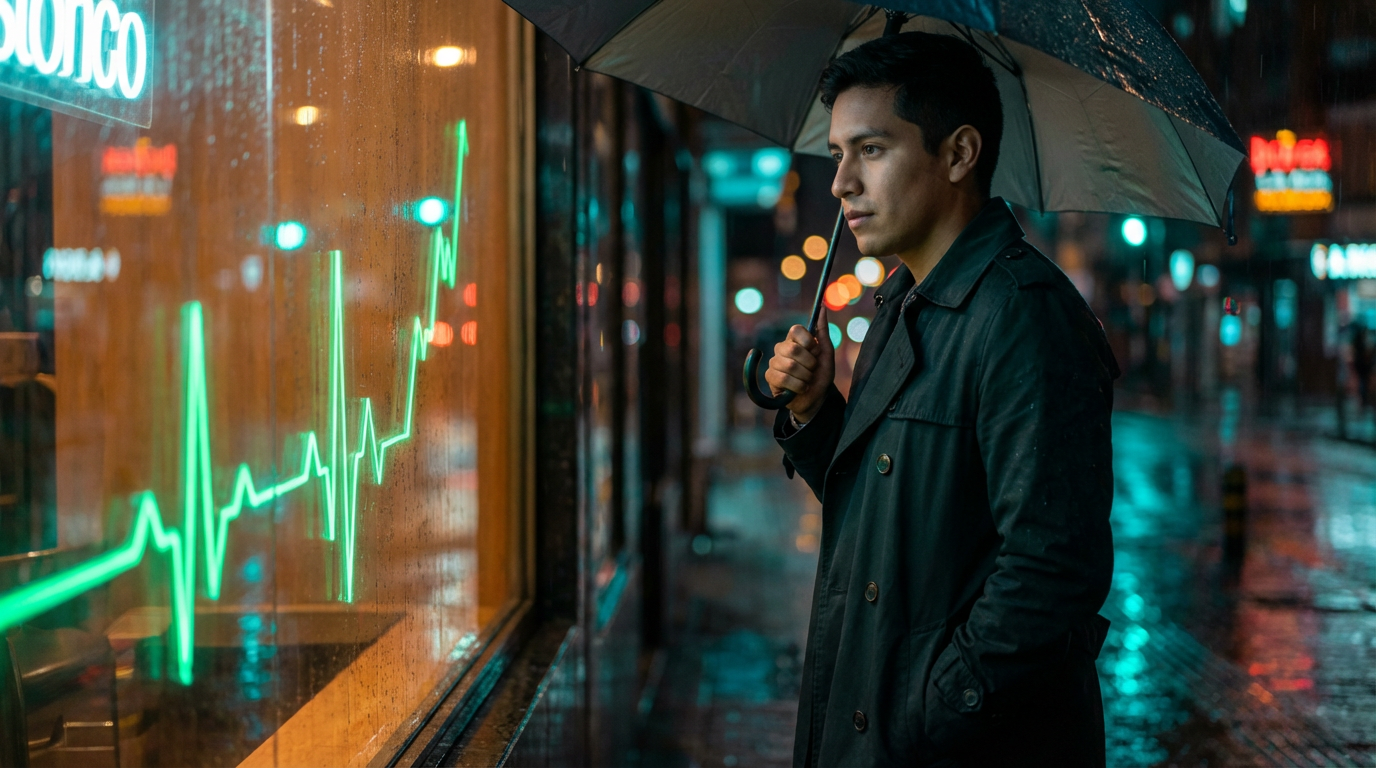 Hombre joven latino mirando reflexivo una gráfica financiera ascendente reflejada en una vitrina urbana nocturna.